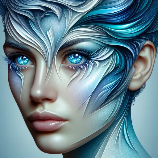 Prompt: Abstract, crystal-style eyes, woman's face with wavy haircut, stylized, highres, ultra-detailed, abstract blue crystal eyes, wavy haircut, woman's face, stylized, professional, artistic, abstract, detailed features