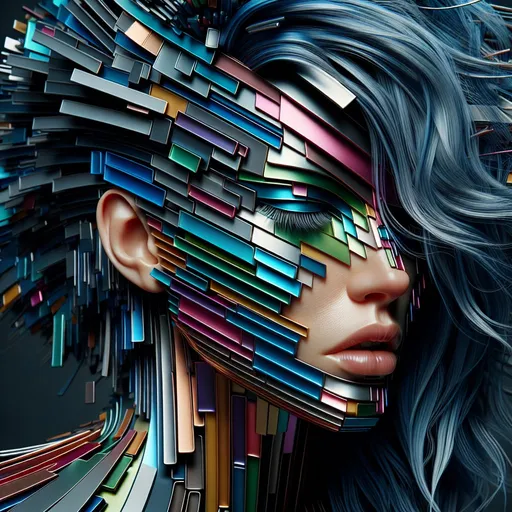 Prompt: create a woman's head, the head consists of colored metal plates stacked on top of each other, only the edges of the plates are visible, they all have different metallic colors. The mouth, eye and the beautiful disheveled blue hair are displayed photorealistically, the background looks a little futuristic
