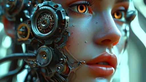 Prompt: (woman's face with mechanical eyes), close-up, ultra-detailed, intricate gears and springs, mesmerizing blend of organic and mechanical elements, striking expression, dynamic lighting highlighting facial contours, atmospheric shadows, cool color tones, futuristic vibes, high-quality image, captivating vision of cybernetic enhancement.