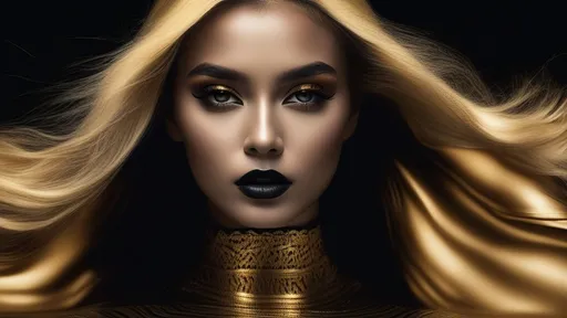 Prompt: only a woman  face with golden hair and black makeup is shown in a gold and black photo with a black background, art photography, fashion photography, a photorealistic painting