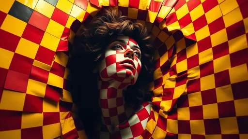 Prompt: (checkerboard woman), emerging from a (checkerboard wall), surreal imagery, high contrast, vibrant yellow and red patterns, dramatic depth, dynamic lighting to accentuate depth effects, captivating atmosphere, visually striking, (4K), ultra-detailed, abstract art vibe, blending reality with illusion, emphasizing the fusion of elements and designs.