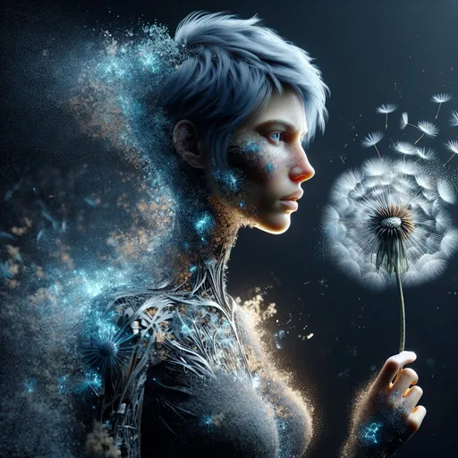 Prompt: Side view of a realistic woman with short blue hair and piercing blue eyes, in front of an enchanting dandelion, 8k, high quality, sharp focus, perfect lighting and shadows, detailed hair and facial features, realistic, dandelion blows and the woman crumbles into dust looking backwards blows away, the woman's face and body can only be seen in parts. Full body portrait, detailed dandelion,