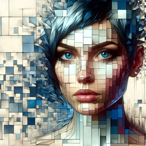 Prompt: a woman with blue eyes and blue short hair with a broken face and a broken face is shown in this artistic photo with a broken background, analytical art, highly detailed digital painting, modern art