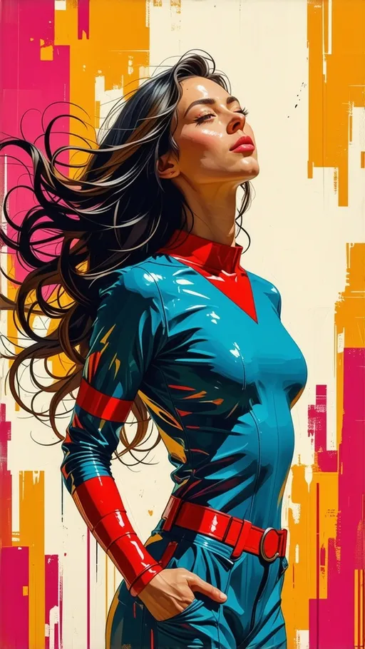 Prompt: (dynamic pop art style) full-body depiction of a 3D Rendering woman, dynamic pose, flowing hair, vibrant colors, expressive facial features, superhero elements, bold outlines, intricate background, action-packed atmosphere, exciting expression, emphasizing movement and energy, 4K ultra-detailed quality.