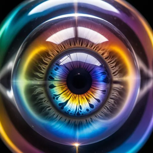 Prompt: round multicolored fluid-like transparent structures and spheres with an multicolored lightening human eye in it, very detailed exciting unique multi colored iris, realistic, high contrast, surreal perspective, optical illusion, high quality, multicolored, surreal, detailed, high contrast,surreal perspective, infinite depth, atmospheric lighting