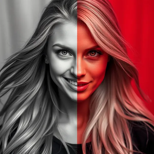 Prompt: A woman's portrait, (long blonde flowing hair), (split into two contrasting halves), one side in (grayscale) and a (joyful facial expression), the other side in (bold colors) with an (intense, angry look), (dramatic lighting), (highly detailed), artistic contrasts emphasizing emotional depth, (stunning imagery), the background is gently blurred evoking a sense of duality and strength. The background is split into silver and red, enhancing the contrast between the two halves.