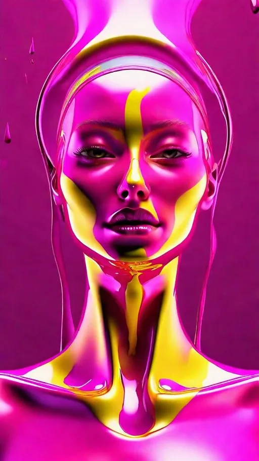 Prompt: digital painting, 3D female body consisting of a viscous yellow mass emerges from a magenta liquid, open eyes, futuristic 3D rendering, metallic reflections, detailed facial features, ultra detailed, metallic reflections, luminous, professional, mood lighting, 3D rendering,