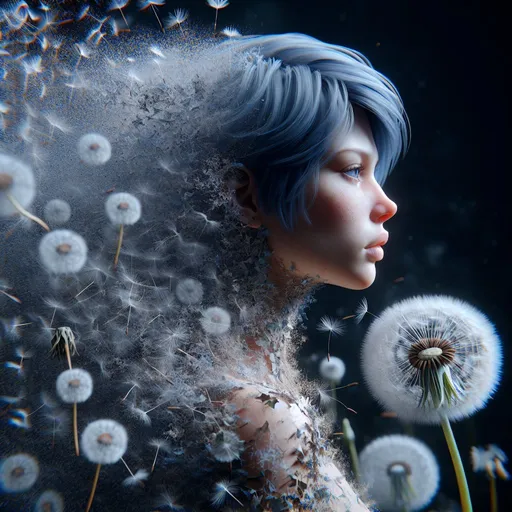 Prompt: Side view of a realistic woman with short blue hair and piercing blue eyes, in front of an enchanting dandelion, 8k, high quality, sharp focus, perfect lighting and shadows, detailed hair and facial features, realistic, mystical lighting, dandelion blows and the woman crumbles into dust , the woman's face and body can only be seen in parts. Full body portrait, detailed dandelion,