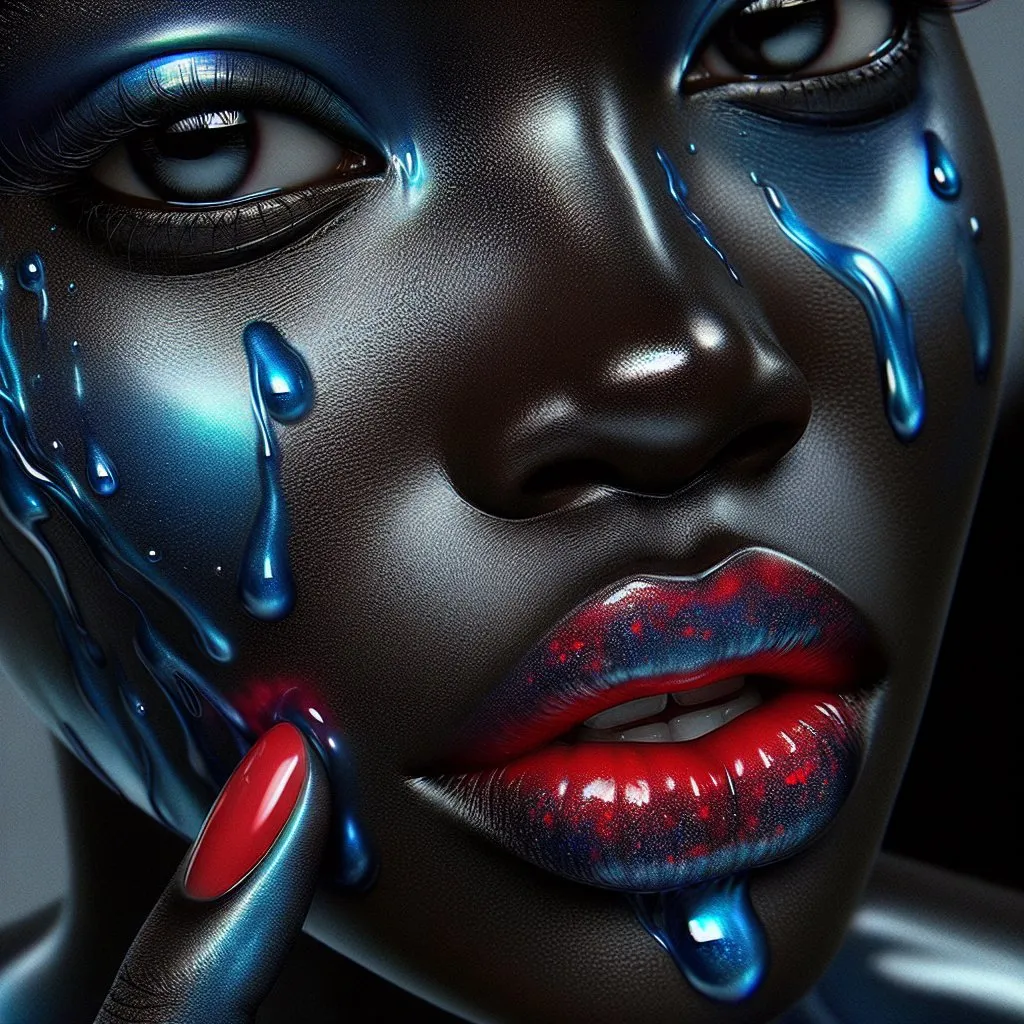 Prompt: a black woman with blue paint on her face and mouth, water drops on the blue paint, red lipstick, finger on the mouth, with her mouth open and her mouth painted blue, transgressive art, holografic, behance hd, a photorealistic painting