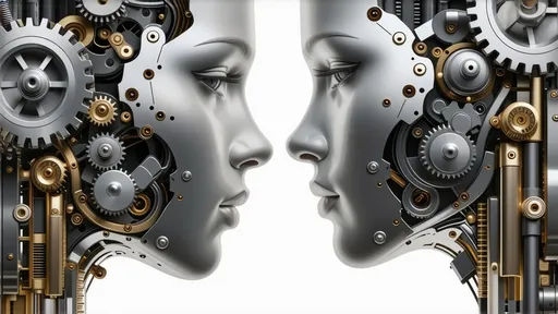 Prompt: (3D two mechanical face),  gazing at each other, intricate details, countless gears and springs, (metallic textures), intricate engineering, polished surfaces reflecting light, dynamic movement and energy, rich depth and shading, shadows adding dimension, captivating design, futuristic atmosphere, ultra-detailed, high quality, unreal engine rendering, innovative and imaginative creation.