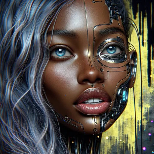 Prompt: Photo of a very dark-skinned attractive woman, realistic look, slightly kissing mouth, detailed realistic white teeth, disheveled long blue hair, direct eye contact, open blue detailed eyes, high level of detail, every pore is visible, realistic, 
woman is futuristically transformed into a chrome-plated structure covered in wires. The left blue eye is shown in photo-realistic detail. the right eye futuristic. It is surrounded by silver and gold detailed small shapes against an abstract background that depicts dark yellow tones as dripping paint
background with pastel highlights , individual bright lights, professionally detailed eyes, realistic lighting, high resolution