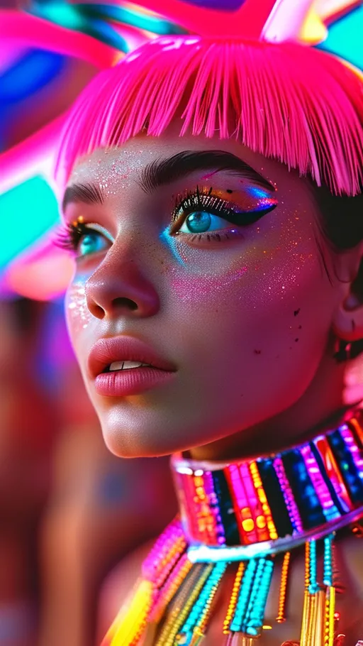 Prompt: photorealistic, (unknowing woman) wearing a colorful rave party outfit, stylishly draped, (pink hair) brightly lit under party lights, showing (wide eyes) expressive wonder, interior scene filled with electric colors, (high saturation), (soft focus) creates a dreamy feel, (hyper detailed), (cinematic lighting) reflects the vibrant energy of a rave party, concept art style.