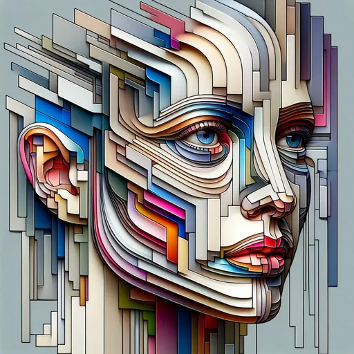 Prompt: Detailed, high-resolution, ultra-detailed, woman's face, slice representation, multiple slices, slices slightly offset, each slice has a different color, complicated facial features, artistic representation, high quality, cubism, detailed slices placed together, unique concept, elaborate shading, realistic style, different angles of discs, professional, artistic lighting