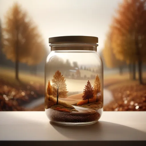 Prompt: Glass jar with lid (filled with an autumn landscape). The glass jar takes up the majority of the image. Background neutral color matching, reflected light, warm earth tones, organic textures, soft light, delicate condensation details on the glass, inviting atmosphere, minimalist and charming, high quality image, ultra-detailed, 4K.