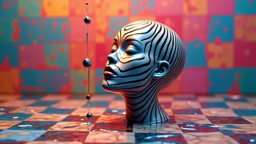 Prompt: iquid pouring over striped female head, (checkerboard pattern), (vibrant colors), dynamic movement, exaggerated flow, abstract art style, striking contrast between patterns, foreground focusing on the head and body, intricate details in the stripes, smooth texture of the liquid, visually captivating, playful ambiance, (highly detailed) design, (3D illustration), colorful background enhancing visual impact.