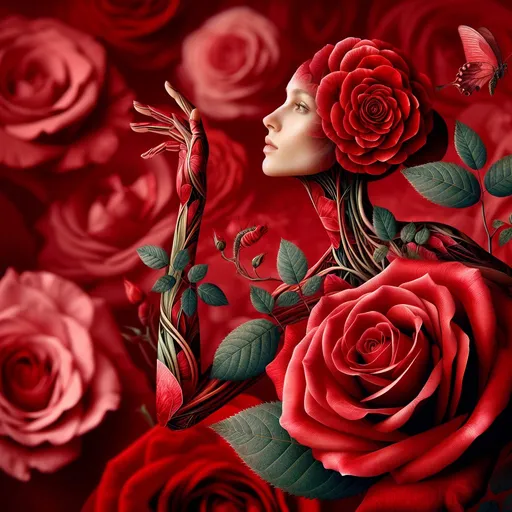 Prompt: Graceful female body forming a red rose, woman's face visible, woman's head as rose blossom, body and legs as rose stem, arms as leaves, merging seamlessly, matching background with more red roses, highres, detailed, realistic, floral art, graceful pose, perfect eyes, intricate details, vibrant red tones, beautiful lighting, digital painting