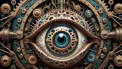 Prompt: A detailed illustration of an eyeball in the center, surrounded by intricate patterns and textures. The iris is filled with various colors and shapes that resemble miniature creatures or plants. Surrounding it on all sides are complex gears, wires, and other mechanical elements. This scene conveys both beauty and mystery as if you were exploring some unknown universe
