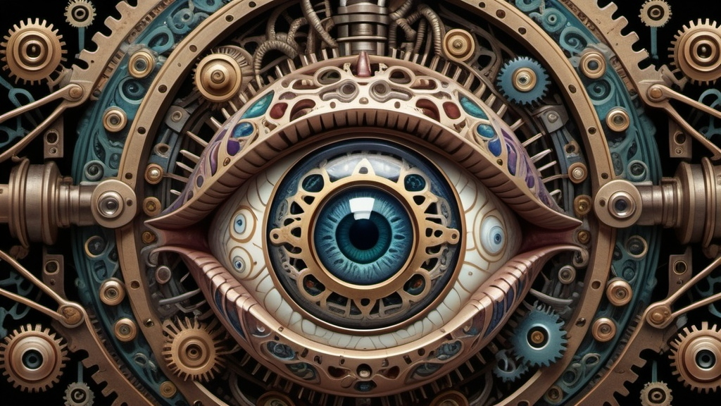 Prompt: A detailed illustration of an eyeball in the center, surrounded by intricate patterns and textures. The iris is filled with various colors and shapes that resemble miniature creatures or plants. Surrounding it on all sides are complex gears, wires, and other mechanical elements. This scene conveys both beauty and mystery as if you were exploring some unknown universe