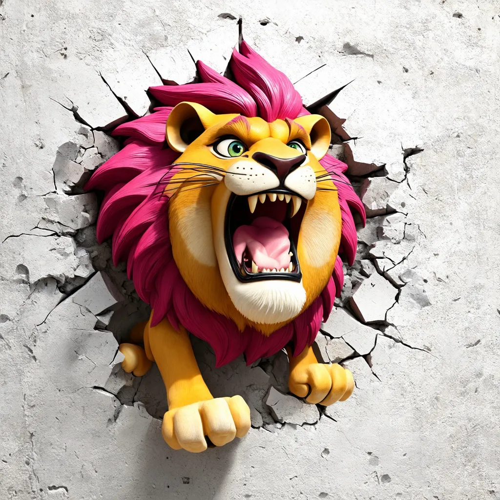 Prompt: a roaring Lion with magenta mane  is breaking through a white wall with a crack in it, concrete art, pixar style, a 3D render