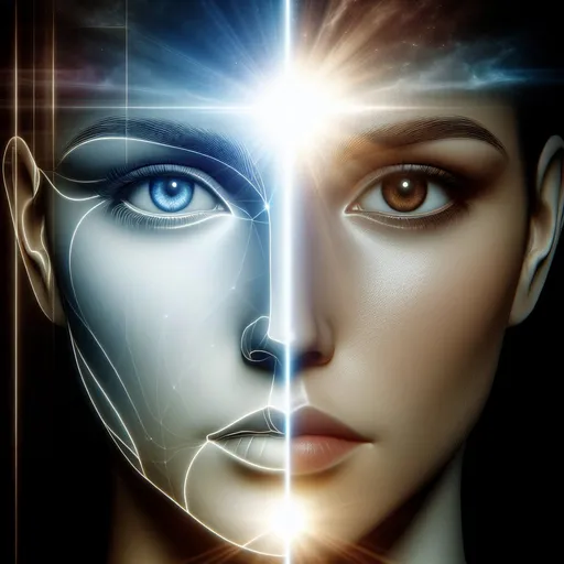 Prompt: a female vector head is split in the middle, on the left half is a light-skinned blue-eyed woman, on the right half is a dark-skinned brown-eyed woman, the two halves of the vector head fall apart, there is a large gap on the forehead, there is a smaller gap on the neck, a bright light comes from the wide gap, detailed, professional, futuristic lighting. 4k, artistic, impressive, beautiful, high contrast, expressive representation, enigmatic atmosphere, high resolution, detailed, mysterious, abstract, surreal, enigmatic, intricate details, ethereal, emotional, minimalist, deep shadows,