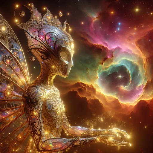 Prompt: (Beautiful rainbow nebula filigree crystal elf alien), octane rendered, vibrant colors, soft lighting, tone mapped, golden ratio, masterpiece, ultra detailed, hyper realistic, sharp focus, ethereal atmosphere, intricate designs, celestial background, showcasing sparkling stars and cosmic dust, 4K, high depth cinematic lighting, mesmerizing, visually stunning, surreal ambiance, ultra HD