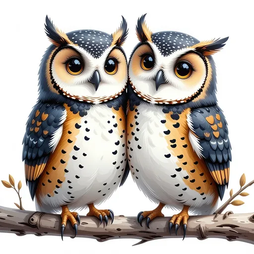 Prompt: (2D illustration), two cute owls, cuddling on a branch, whimsical illustration, charming expressions, detailed feathers, simplistic style, endearing poses, minimalistic background, soft lines, flat design, cozy ambiance, light-hearted vibe, 2D, captured with a sense of warmth and affection.