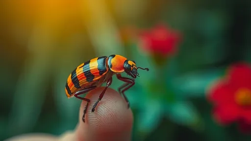 Prompt: (realistic-looking beetle), (bug shape), (tiger coloring), without red,, vibrant stripes, intricate texture, perched on a man's fingers, striking contrast of colors, close-up focus, lush natural background, warm lighting, high detail, engaging atmosphere, showcasing nature's beauty, macro perspective, (ultra-detailed), (4K resolution)