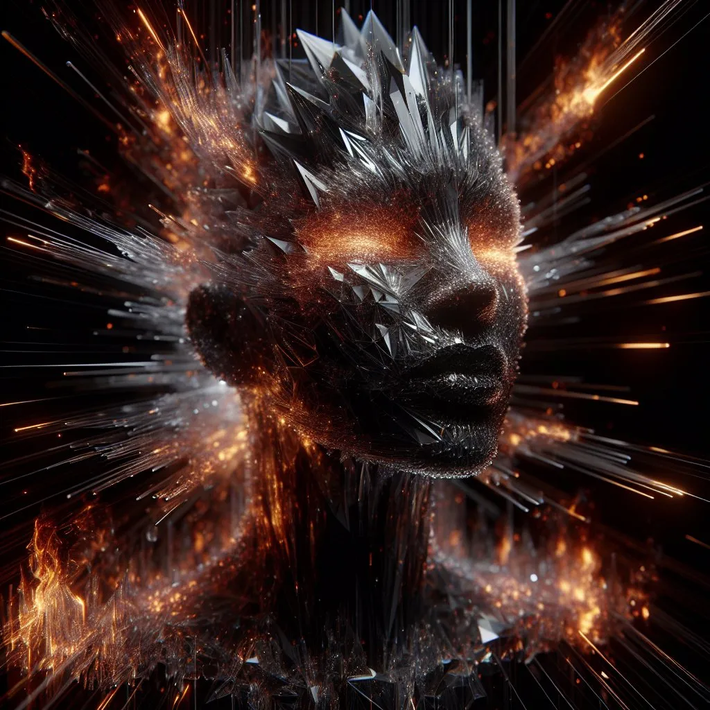 Prompt: 3D face of a dark-skinned woman made of transparent ice emerging from a black pointed matrix, surrounded by a fire, bright colors, high quality rendering, surreal, digital art, intense lighting, fiery hues, detailed features, futuristic, abstract, surreal, 3D rendering, variable hues, high energy, dynamic composition