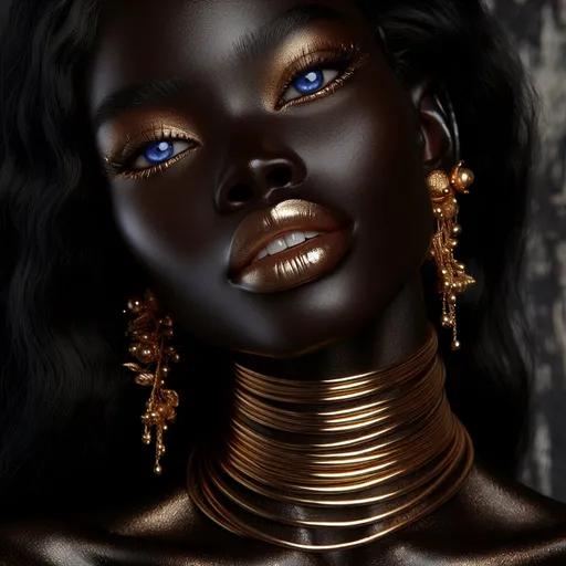 Prompt: head of an Italian woman. The entire head can be seen up to the neck, she puts her head back a little and looks upwards, the skin is completely black, absolutely black, blue open eyes, sensual look, golden earrings, she wears several golden, tight-fitting chains around her neck. She has striking gold glowing make-up. She has striking gold glowing lips. She doesn't wear a headdress. has long, detailed black hair. abstract matching background, jewelry and make-up are detailed and clearly visible.
Close-up directly from the front, her head facing the camera