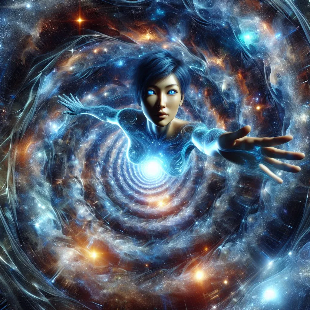 Prompt: A seemingly endless spiral of gases and lights runs through space, from the center of the spiral rises the upper body of a beautiful woman with blue eyes and short blue hair, the woman is depicted realistically and in great detail. She stretches her arms forward, it looks as if she is emerging from the spiral.
Distant galaxies and stars can be seen in the background of the image