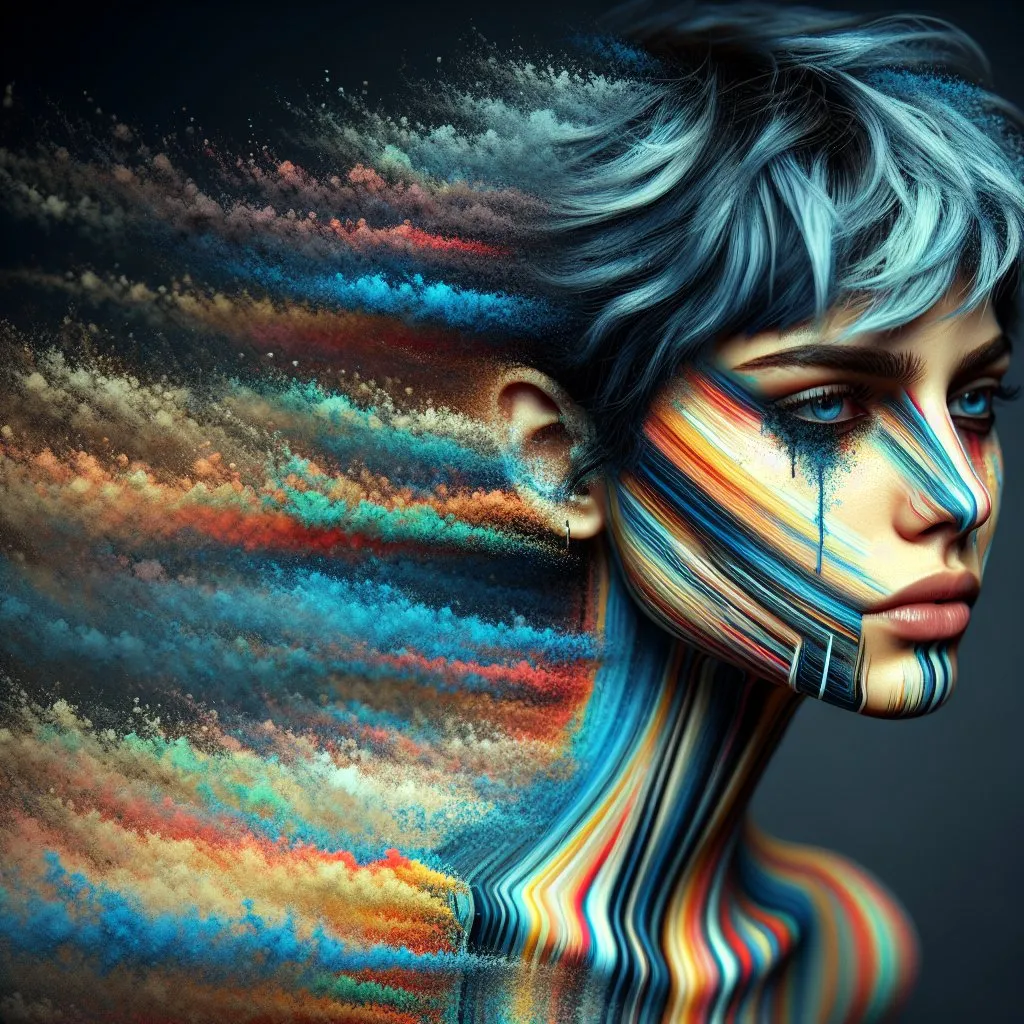 Prompt: A realistic punk girl with a multi-colored face, the colors run vertically across the face in narrow stripes, dripping and running drops of paint over the entire face and upper body, full body portrait from above, she is running, behind her the colors dissolve into small colored clouds of dust , between the colored stripes there are white color stripes, the blue eyes and the short blue hair are realistic and very detailed