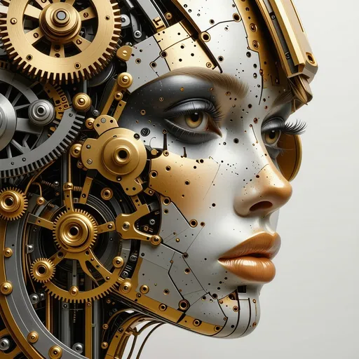 Prompt: (mechanical 3D face), intricate details, gears and springs, metallic textures, complex layering, high contrast lighting, shadows enhancing depth, warm metallic tones with brass accents, (ultra-detailed), imaginative design, futuristic technology, vivid representation, sharp focus on intricacies, dynamic composition, engaging atmosphere.