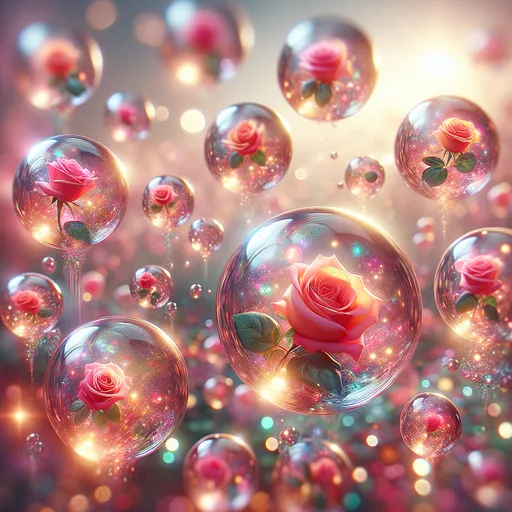 Prompt: (many transparent shimmering sphere), float gracefully, sparkling with ethereal brilliance, each bubble encasing a vibrant roses, colorful petals bursting with life, reflecting light beautifully, creating a mesmerizing display, soft-focus ambiance, dreamy atmosphere, ultra-detailed, high-quality with a magical, whimsical feel, enchanting background of blurred garden vegetation.