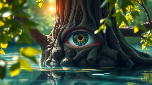 Prompt: (central content: an eye within a tree, serene reflections in water), (soft, dappled sunlight filtering through leaves), (intricate bark patterns surrounding the eye), (tranquil atmosphere, mystical vibe), (vibrant greenery, rich blue water hues), (highly detailed, ultra-detailed 4K), (ethereal and enchanting scene).