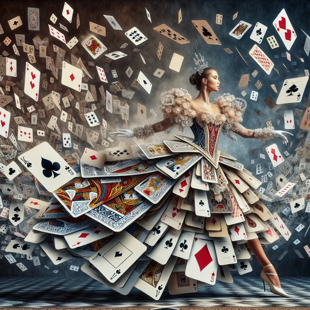 Prompt: a young european woman in a dress made out of playing cards dancing,  in the background are playing cards, detailed cards, modern art, highly detailed digital art, a detailed drawing