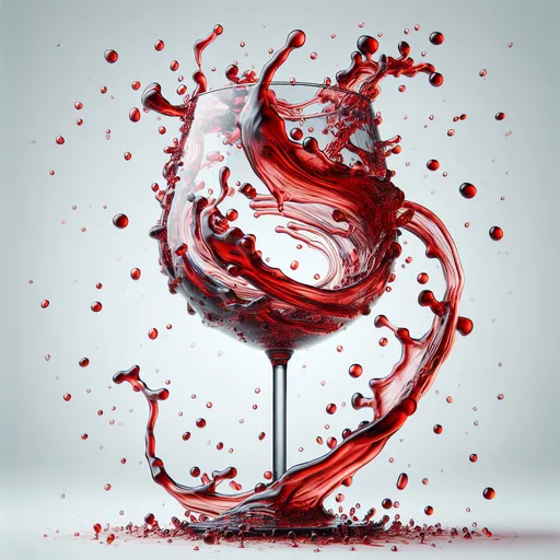 Prompt: splashing red wine in the shape of a wine glass, but it should not be a glass in the image, only the liquid takes the shape