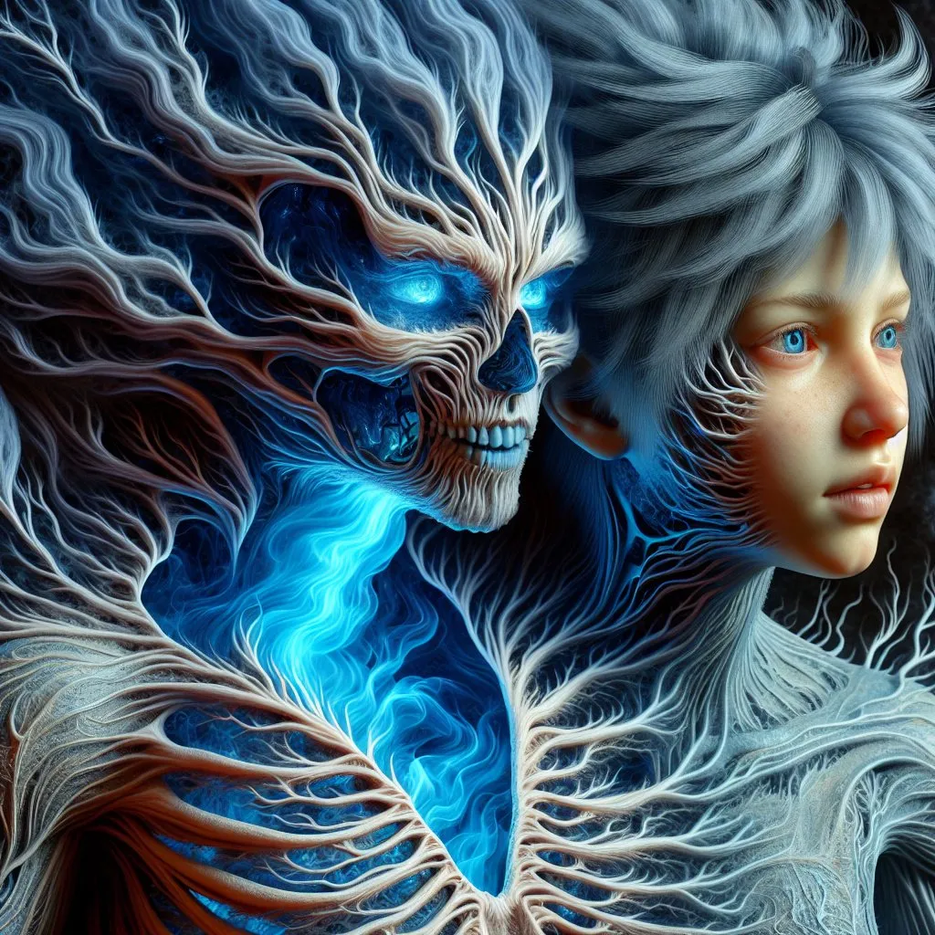 Prompt: Detailed  female body, from the opening torso comes a demonic gaseous figure. detailed loving face, short blue tousled hair, detailed blue eyes, surreal and mysterious, high resolution, complex digital art, surrealism, cool tones, dramatic lighting, detailed facial features, realistic shadows, artistic, surreal, mysterious, high quality, detailed,, cool tones lighting, complex design