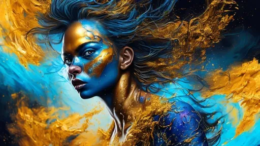 Prompt: Full body portrait of a running woman with blue and gold skin on the face and body, blowing extraordinary hair, exploding colorful head, open detailed eyes, the woman forms from swirling dust, airbrush painting, high resolution, detailed, neon colors, airbrush details, abstract, professional, vibrant lighting