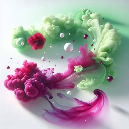 Prompt: photorealistic, (beautiful ink art). vibrant magenta and green ink swirls,  white background, serene atmosphere, bubbles  form elegantly,