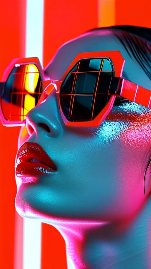 Prompt: photorealistic, (woman face), shimmering iridescent garments, oversized patterned sunglasses reflecting a grid, tools of the digital age, luminous digital hues, bold red lips striking contrast, (high depth), vibrant color palette, seamless gradient lighting, cyberpunk atmosphere, captivating details, modern aesthetic, (raw unedited photograph), exuding strength and individuality, ultra-detailed, cinematic quality.