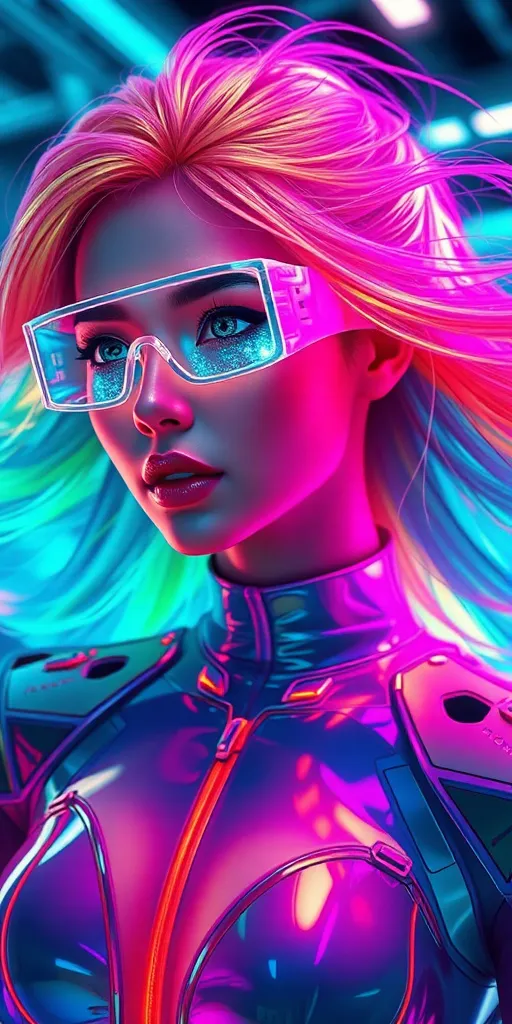 Prompt: (3D render futuristic woman), luminous multi-neon colored hair flowing in shades of green, orange, and violet, (holographic goggles shimmering with light), radiant and surreal atmosphere, futuristic clothing, sleek and modern design, vibrant lighting, high-tech surroundings, ultra-detailed, cinematic quality, imaginative and captivating, emphasizing a sense of wonder and advanced technology.