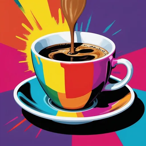 Prompt: Vibrant, pop art-style coffee cup, bold and contrasting colors, high quality, digital painting, Warhol-inspired, colorful, iconic design, exaggerated features, vivid colors, detailed brush strokes, modern, retro, artistic, bright lighting