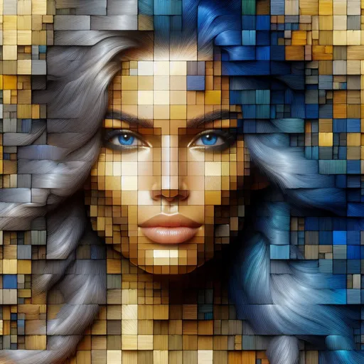Prompt: Portrait of a gold-skinned very attractive woman, blue eyes, blue long hair, the full face is gridded by several golden blocks, the background is gridded by several multicolored blocks.
professionally detailed eyes, realistic lighting, high definition