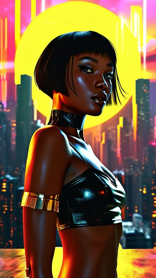 Prompt: (Cyberpunk aesthetic), (black woman), (asymmetric haircut), (heavenly beauty), showcasing (perfect anatomy), arms elegantly tucked behind her back, bathed in radiant (golden sunshine), at a dreamy (sunset), vivid neon cityscape in the background, rich contrasts of warm tones and cool hues, ultra-detailed, capturing an ethereal yet modern vibe, visually striking and enchanting.