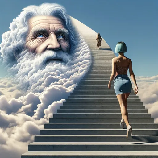 Prompt: The image of a staircase in the open landscape that leads to heaven, at the end of the staircase the face of an old, wise, European-looking man can be seen clearly and in detail, forming out of clouds. A beautiful woman in a miniskirt with blue short shaggy hair climbs the stairs, she is about in the middle of the stairs, she can be seen in detail from behind, a detailed picture, high resolution, modern representation