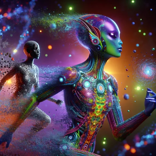 Prompt: alien running woman, hardly resemblance to a human woman, vibrant and colorful makeup, futuristic alien skin, alien goddess, amphibious structure, detailed skin texture, alien beauty, vivid colors, cosmic makeup, holographic clothing, slim body, professional lighting , science fiction, high definition.
As she runs she is released and a human woman forms from the particles behind her.
ultra-detailed, futuristic, vibrant neon tones, cosmic lighting, high-quality detailed full body 3D representation