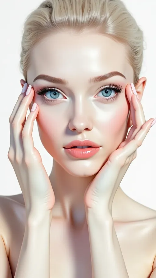 Prompt: (2D illustration) glamorous woman’s face, defined facial features, hands on her face, blue eyes wide open, skin (highly reflective made of polished metal), blends into a white background, soft and elegant colors, ambient occlusion rendering, ultra-detailed, delicate and refined atmosphere, capturing beauty and elegance, vibrant yet subtle mood, high-quality artistry.