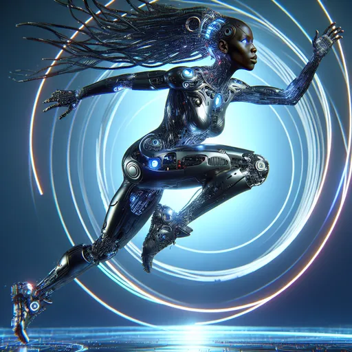 Prompt: (futuristic transformation) a black jumping woman's body, chrome-plated structure, covered in wires, (highly detailed) left blue eye, (photo-realistic detail), right eye (futuristic design), dynamic pose, dramatic lighting, (high quality) 4K, vibrant colors, surreal ambiance, striking contrast between organic form and metallic elements, imaginative setting.