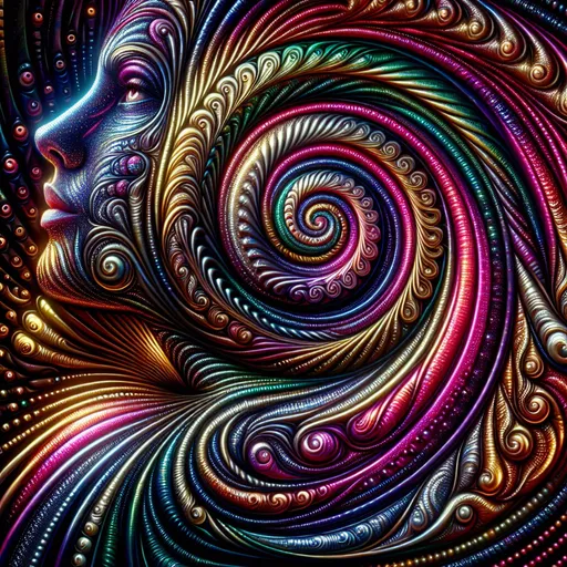 Prompt: Psychedelic spiral in metallic colors depicting woman body, swirling spiral pattern in vibrant metallic shades, detailed feminine features, high-contrast, high-saturation, trippy, mesmerizing, metallic color palette, glittering details, glossy finish, surreal, fantasy, kaleidoscopic, best quality, highres, ultra-detailed, surreal, psychedelic, glossy metallic, mesmerizing spiral, vibrant colors, detailed feminine features, high-contrast, high-saturation, fantasy lighting