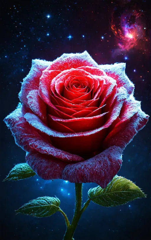 Prompt: a frozen cosmic rose, the petals glitter with a crystalline shimmer, swirling nebulas, 8k unreal engine photorealism, ethereal lighting, red, nighttime, darkness, surreal art